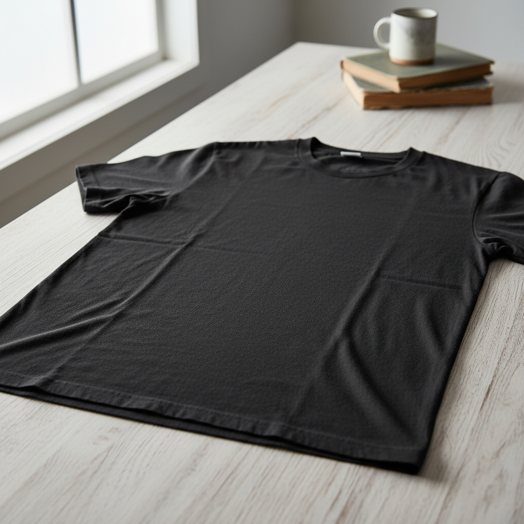 Softly lit linen textile draped on a light wood surface in a minimalist studio setting
